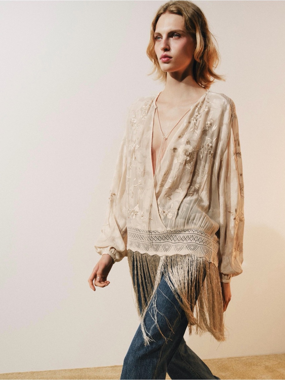 Zara Cream Embroidered Fringe V-Neck Blouse